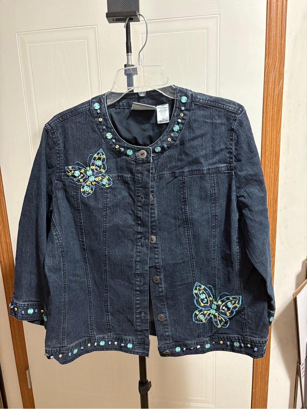 Alfred Dunner Dark Blue Denim Jacket with Turquoise Butterfly Embroidery